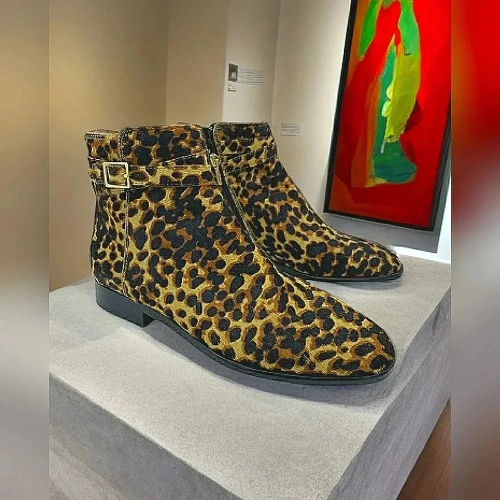 Animal Print Booties Leather Western Retro Calf Hair Ankle Bootie